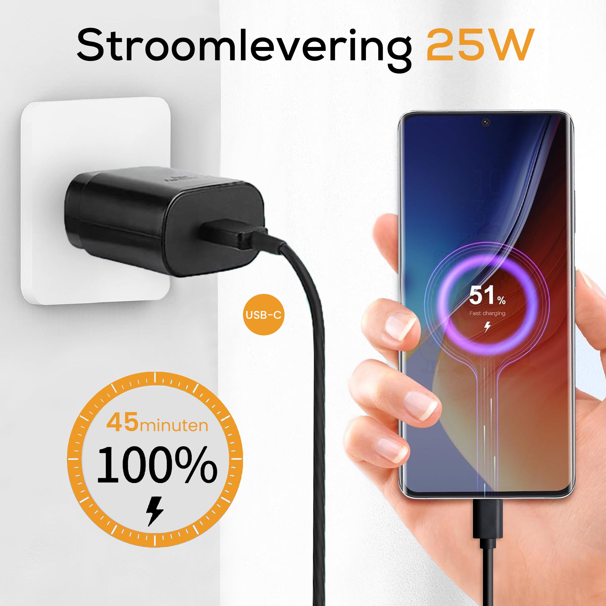 USB-C-Schnellladegerät 25 W – 1,5 Meter Kabel – Schwarz und Weiß