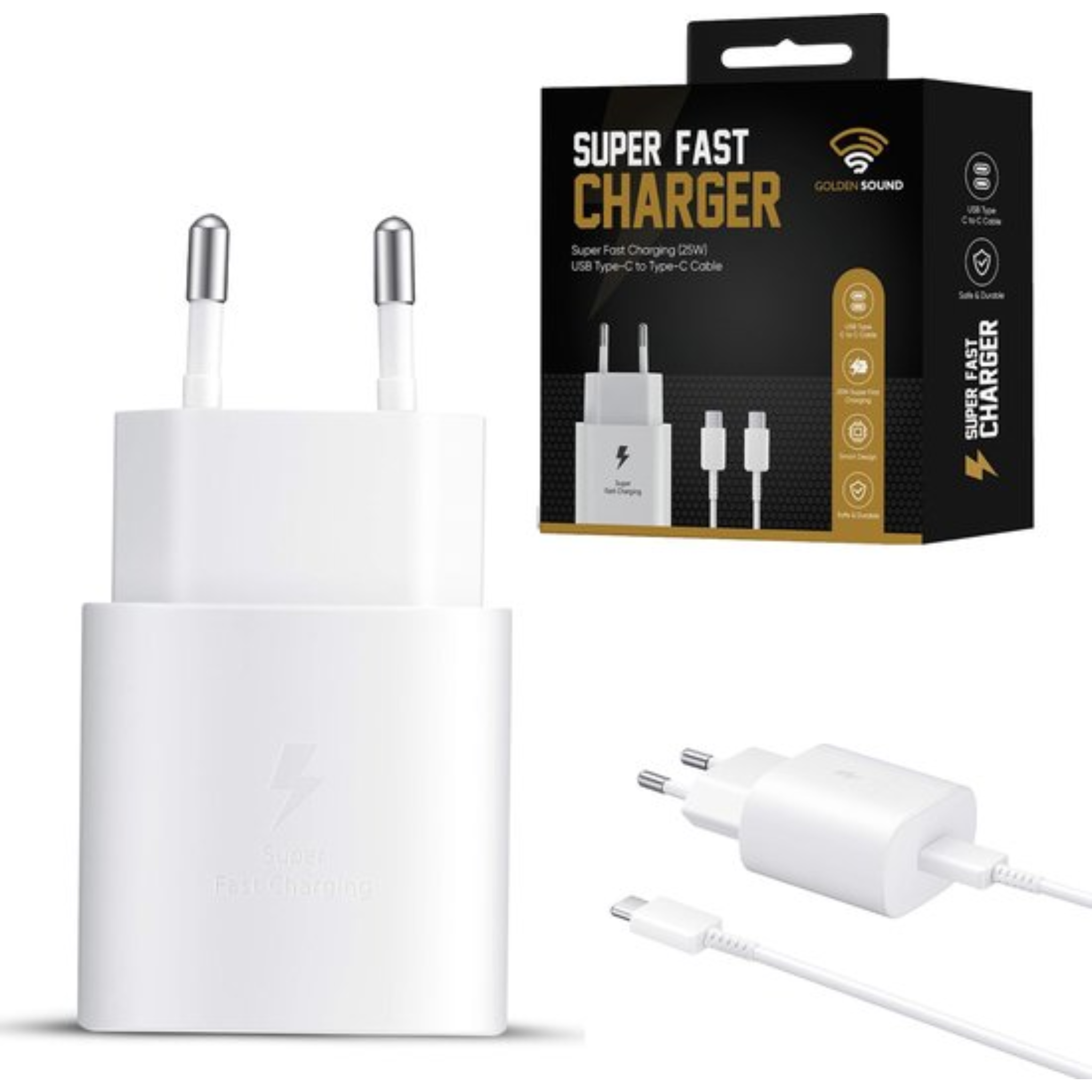 USB-C-Schnellladegerät 25 W – 1,5 Meter Kabel – Schwarz und Weiß